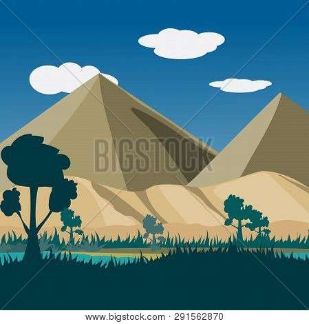 Landscape Nature Oasis And Desert Mountain With Blue Sky And Clouds Background,vector Illustration.