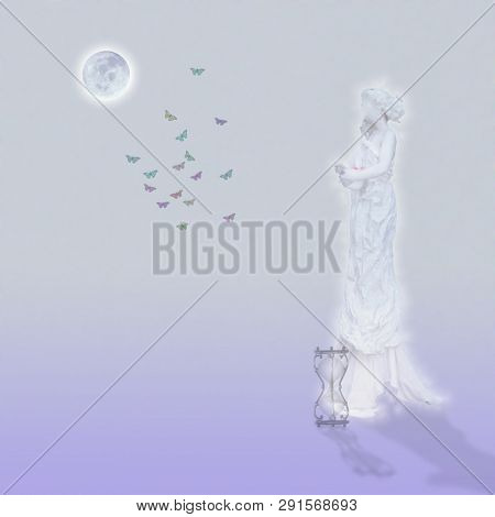 Woman`s marble statue and butterflies. Glowing moon and hourglass. 3D rendering