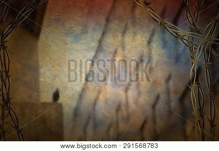Burden high building with windows and silhouette of bird. Barbed wire frame. 3D rendering
