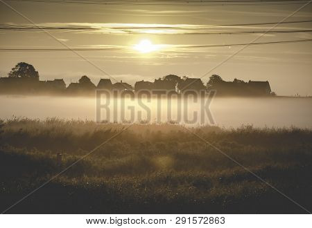 Sunrise Durgerdam Amsterdam, Foggy, Fog, Yellow Light In The Sky