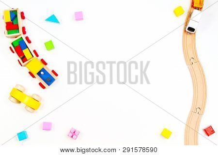 Baby Kids Toyd Background. Wooden Train And Rails, Toy Car, Colorful Blocks On White Background