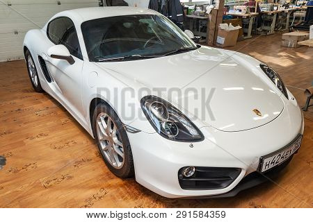Novosibirsk, Russia - 08.01.18: Front View Of Luxury Very Expensive New White Porsche Cayman Coupe S