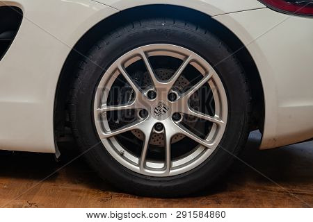 Novosibirsk, Russia - 08.01.18: Rear Wheel View Of Luxury Very Expensive New White Porsche Cayman Co