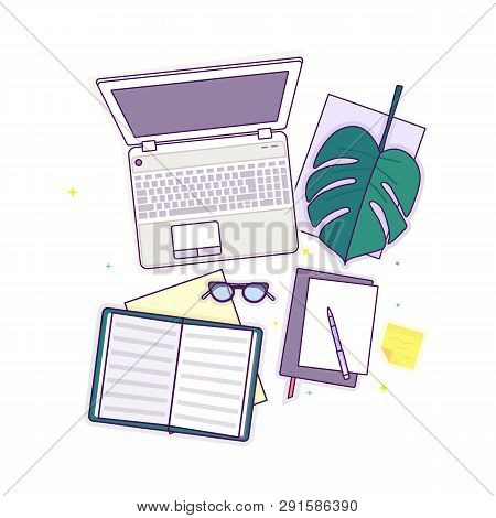 Flat Lay With Glasses, Laptop, Open Book, Notepad And Monstera