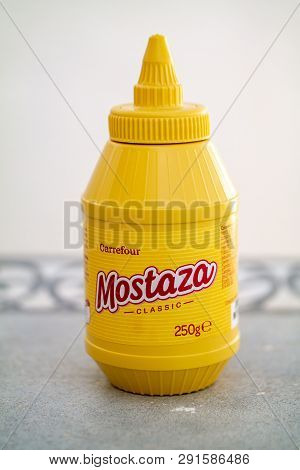 Torrevieja, Alicante, Spain - March 25 2009 : Mostaza Classic Mustard On Table With Copy Space