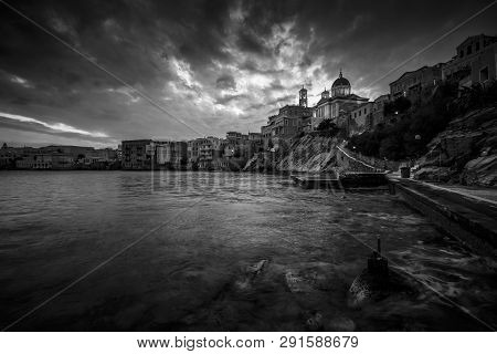 Town Beach In Ermoupoli On Syros Island In Greece.
