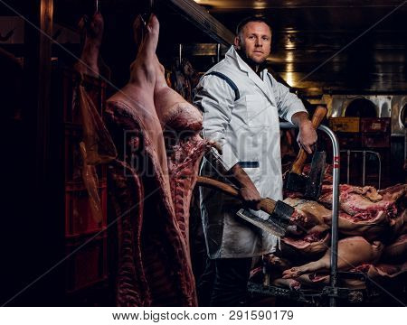 The Butcher In Workwear Posing With Two Axes In A Refrigerated Warehouse In The Midst Of Meat Carcas