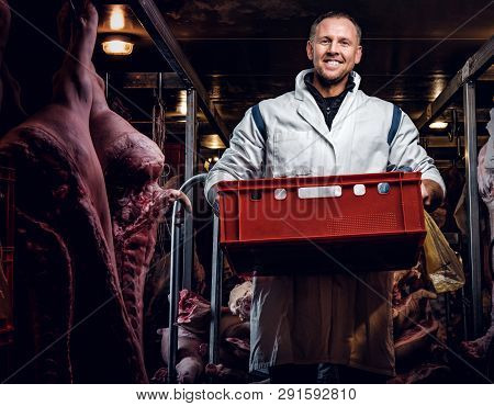 Cheerful Butcher In Workwear Holding A Box With Meat Pieces While Standing In The Midst Of Meat Carc