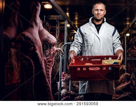 Cheerful Butcher In Workwear Holding A Box With Meat Pieces While Standing In The Midst Of Meat Carc