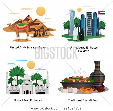 Uae Travel 4 Flat Compositions With Traditional Food Holidays Sightseeing Guide Natural Monuments Ar