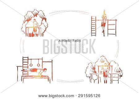 Athletic Field - Man Doing Exercises And Pulling Up On Rope On Athletic Playground Vector Concept Se