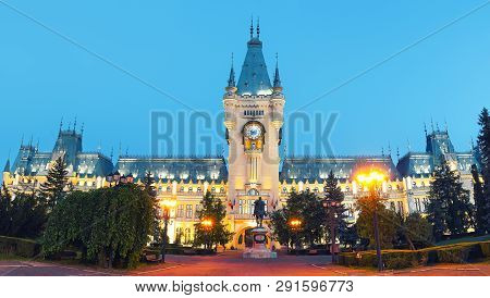 The Palace Of Culture Edifice In Iasi . Fantastic Evening Scene Summer Cityscape Of Iasi Town, Capit