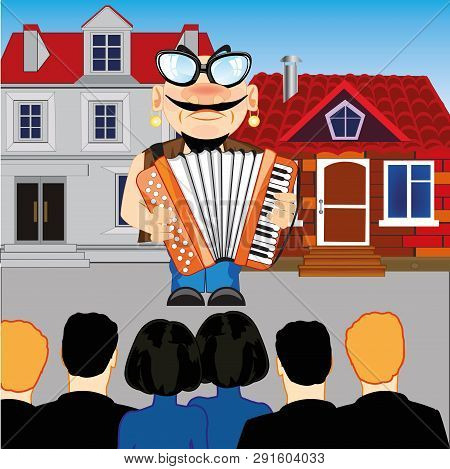 Musician With Accordion Emerges Before Spectator On Street