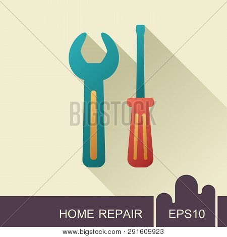 Screwdriver And Wrench Icon. Construction, Repair And Building Vector Design And Illustration