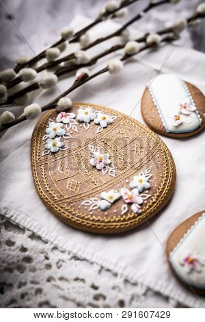 Easter Cakes Decorated With Icing. Spring, Christmas Pastries