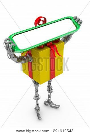 Self-propelled Gift Box With A Blank Sign. Yellow Self-propelled (with Hands And Feet) Gift Box Is S