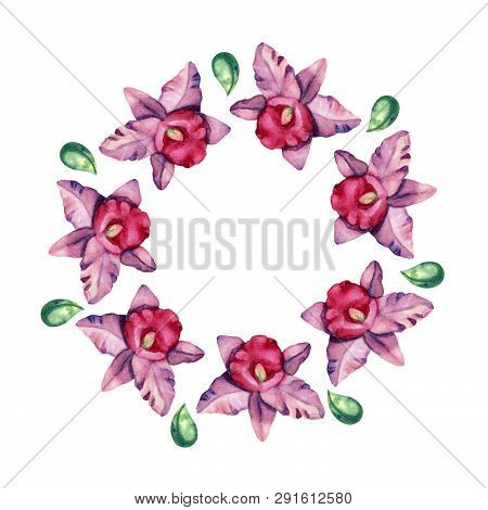 Floral Desiged Template With Watercolor Orchid Flowers And Leaves