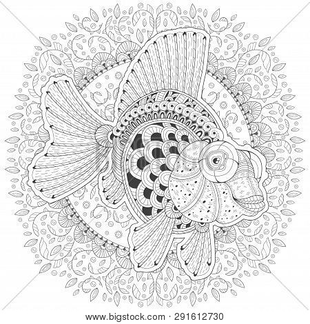 Stylized Cartoon Goldfish Among Algae On A White Background. Hand-drawn Sketch For Coloring Pages. V