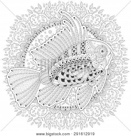 Hand-drawn Decorated Cartoon Ram Cichlid Fish On The White Background With Algae. Image For Coloring