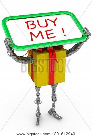 Gift Box In The Form Of A Cyborg Offers To Buy Yourself. Yellow Self-propelled (with Hands And Feet)
