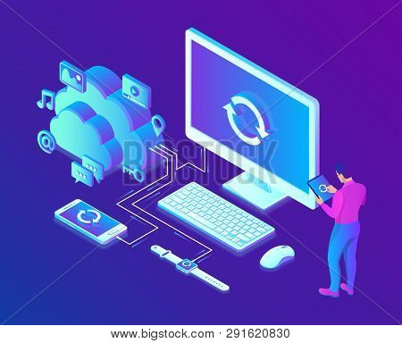 Cloud Storage. Cloud Computing Technology Isometric Concept With Computer, Smartphone And Smart Watc