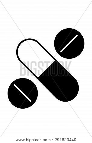This Vector Image Shows Tablets And A Pill In Glyph Icon Design. It Is Isolated On A White Backgroun