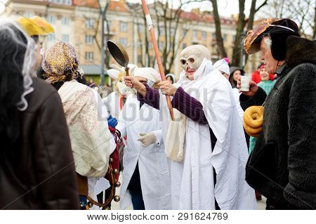 Vilnius, Lithuania - February 25, 2017: Hundreds Of People Celebrating Uzgavenes, A Lithuanian Annua