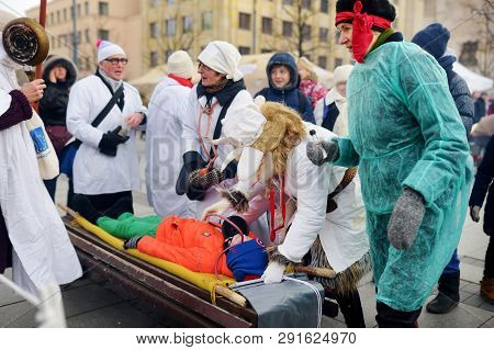 Vilnius, Lithuania - February 25, 2017: Hundreds Of People Celebrating Uzgavenes, A Lithuanian Annua