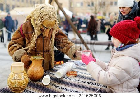 Vilnius, Lithuania - February 25, 2017: Hundreds Of People Celebrating Uzgavenes, A Lithuanian Annua