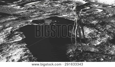 Alien In The Moon, 3d Illustration Of An Alien In The Moon, 3d Render