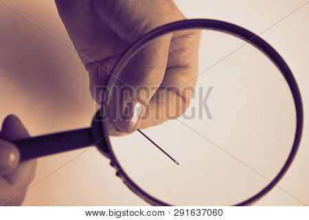 An Elderly Woman With Wrinkled Fingers Holds A Magnifying Glass And Through The Transparent Glass Is