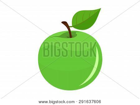 Green Apple With Leaf. Isolated Vector Image Of Fresh Organic Fruit In A Flat Style