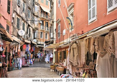 Corfu, Greece - June 5, 2016: People Visit Corfu Town In Greece. The Old Town Of Corfu Is A Unesco W