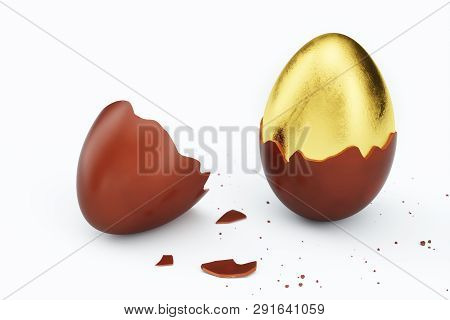 Gold Luxury Egg And Chocolate Easter Egg. Broken, Cracked Chocolate Egg. Sweet Chocolate Eggs, Holid