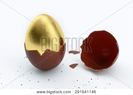 Gold Luxury Egg And Chocolate Easter Egg. Broken, Cracked Chocolate Egg. Sweet Chocolate Eggs, Holid