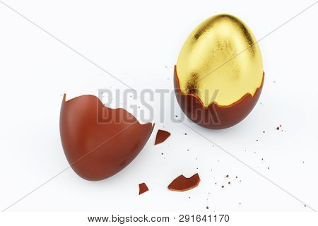 Gold Luxury Egg And Chocolate Easter Egg. Broken, Cracked Chocolate Egg. Sweet Chocolate Eggs, Holid