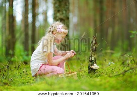 Cute Little Girl Having Fun During Forest Hike On Beautiful Summer Day
