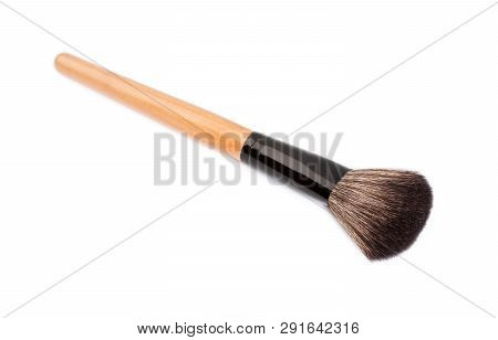 Various Makeup Brushes Isolated Over White. Wooden Makeup Brushes. Duo Fibre Foundation Makeup Brush