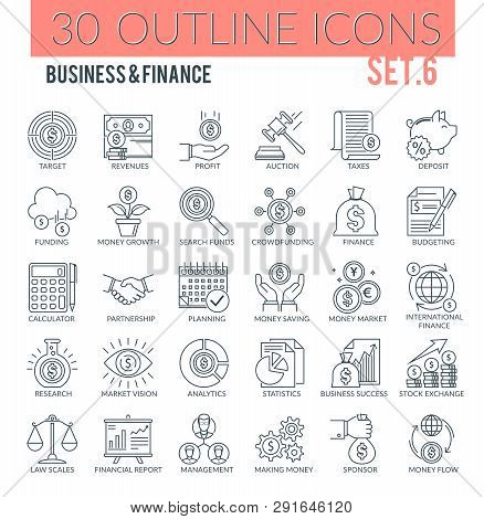 Set Of Outline Icons On Following Themes - Business, Finance, Banking, Management And Other. Each Ic
