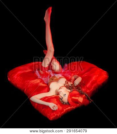 Sexy Burlesque Dancer Stripper Posing With Sweet Lollipop, In Red Corset And Red Hat With Curly Hair