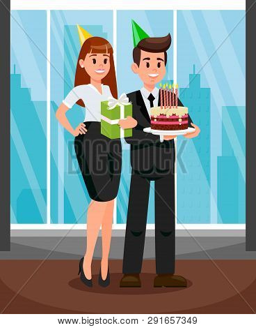 Workers At Office Party Flat Vector Illustration. Employers In Party Hats. Businesswoman With Gift B