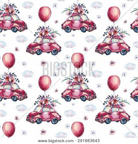 Watercolor Fantasy Greeting Card With Cute Red Retro Car, Flower