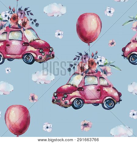 Watercolor Fantasy Greeting Card With Cute Red Retro Car, Flower