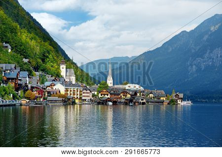 Scenic View Of Hallstatt Lakeside Town In The Austrian Alps On Beautiful Day In Autumn. Hallstatt, S