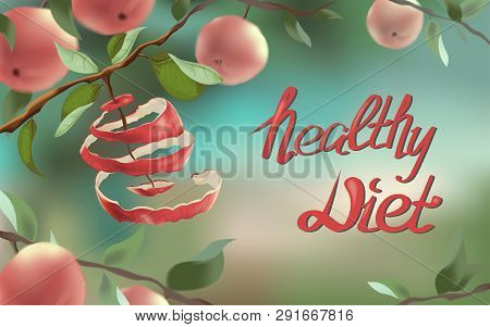 The Illustration Shows A Red Apple, Which Was Cut In A Spiral. This Is A Symbol Of Weight Loss, Diet