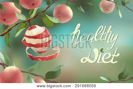 The Illustration Shows A Red Apple, Which Was Cut In A Spiral. This Is A Symbol Of Weight Loss, Diet
