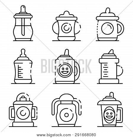 Sippy Cup Icons Set. Outline Set Of Sippy Cup Icons For Web Design Isolated On White Background