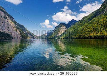 Stunning Deep Green Waters Of Konigssee, Known As Germany's Deepest And Cleanest Lake, Located In Th