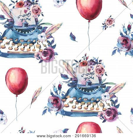 Vintage Watercolor Typewriter Seamless Pattern With Roses, Anemo