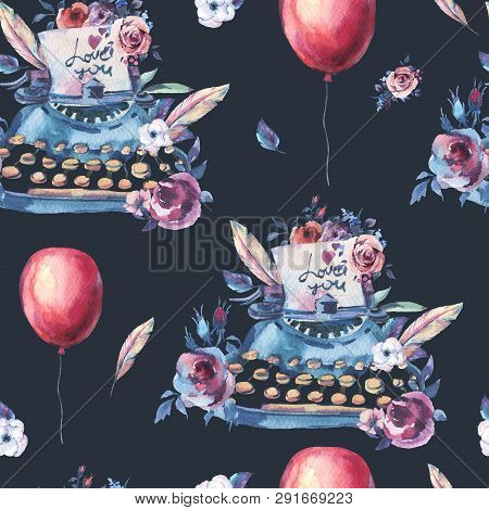 Vintage Watercolor Typewriter Seamless Pattern With Roses, Anemo